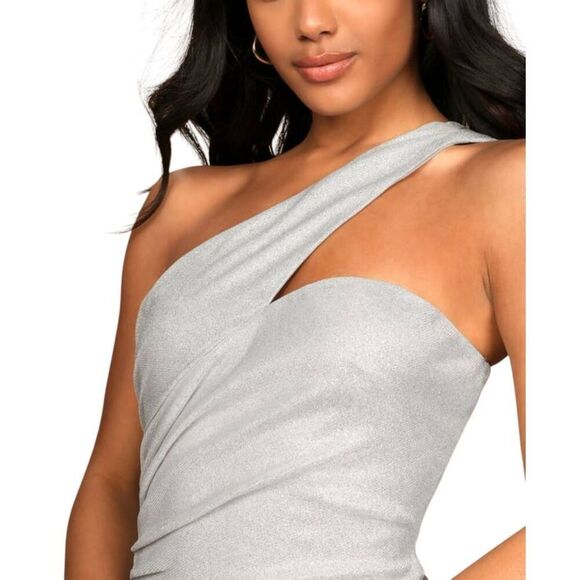 Sparkle Silver Glitter One-Shoulder Shiny Lurex High Slit Gown Long Maxi Dress - Picture 3 of 15